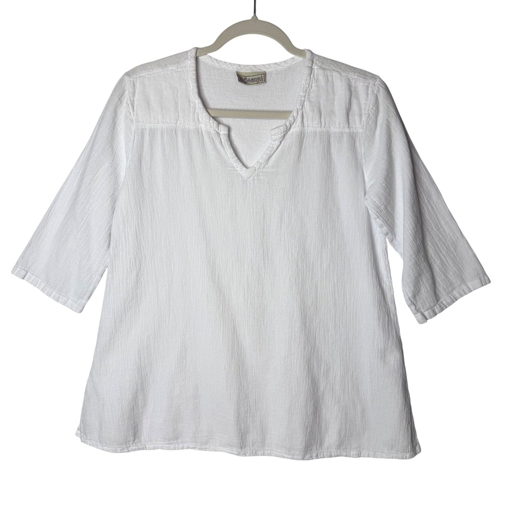 Cottonways Top Women Sz 1 White S / M Gauze 3/4 Sleeve Coastal Lagenlook Boho